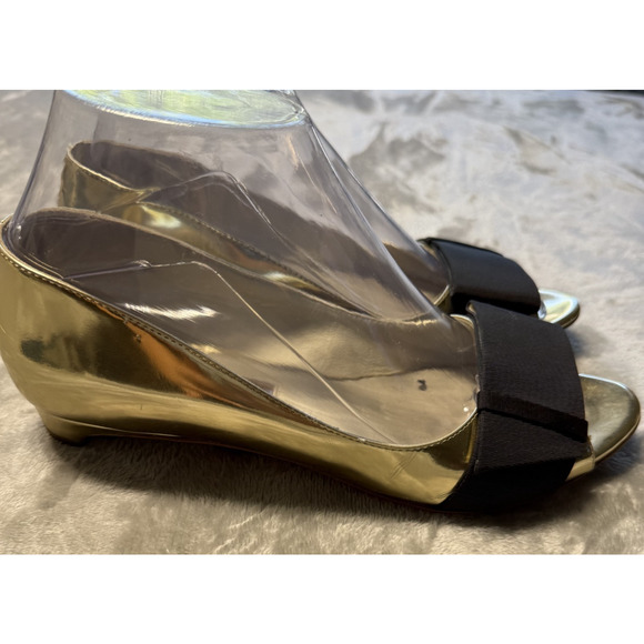 Rupert Sanderson London Gold Mirror Peep Open Toe Black Bow Retro Style Flats - Picture 5 of 13